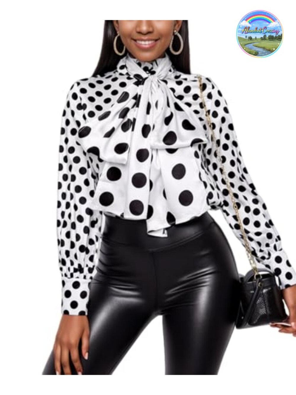 Womens Polka Dot Bow Tie Neck Ruffle Button Up Blouse Long Sleeve Workwear
